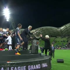 Frank Lowy falls off stage A-League 14-15