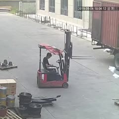 Woman gets clothed lined by a forklift