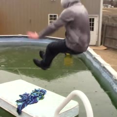 dad cannonballs into frozen pool! fail!