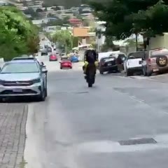 Motorcycle Rider doing a wheelie on side street